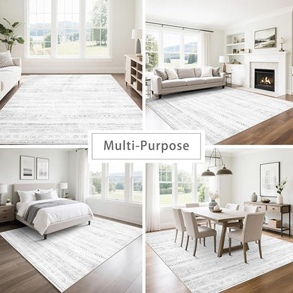 Moroccan Washable Rugs 8x10 Area Rugs for Living Room,Bedroom,Dining Room- Large Ultra Soft Faux Wool Retro Carpet,Non Slip&Non-Shedding Low Pile Vintage Print Rug for Home Office-(Gray-White)