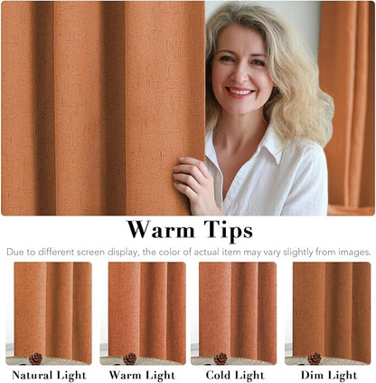 H.VERSAILTEX 100% Blackout Curtains for Bedroom Thermal Insulated Linen Textured Curtains Heat and Full Light Blocking Drapes Living Room Curtains 2 Panel Sets, Orange, 52x63 Inch