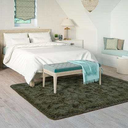 Goideal Fluffy Rug for Bedroom Living Room, 3x5 Olive Green Area Rugs, Faux Fur Shag Modern Carpet Ultra Soft Girls Boys Room Home Decor, Solid