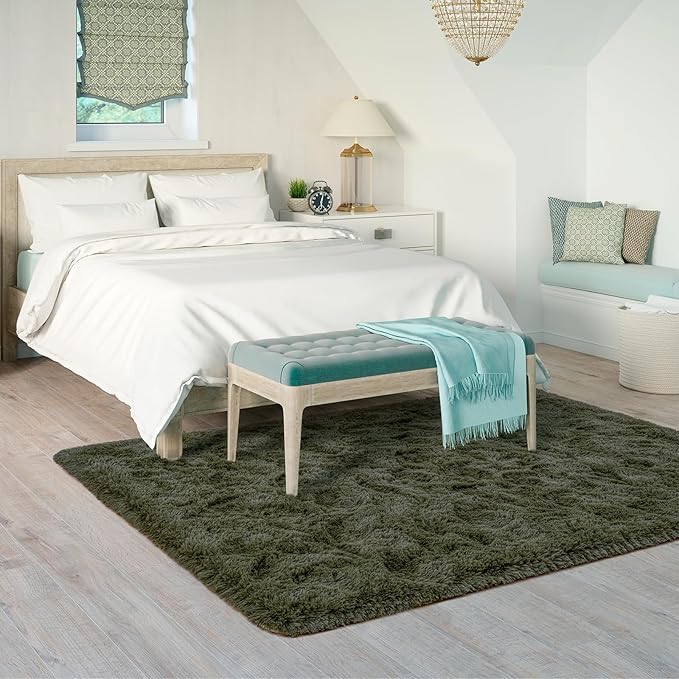 Goideal Fluffy Rug for Bedroom Living Room, 7x10 Olive Green Area Rugs, Faux Fur Shag Modern Carpet Ultra Soft Girls Boys Room Home Decor, Solid