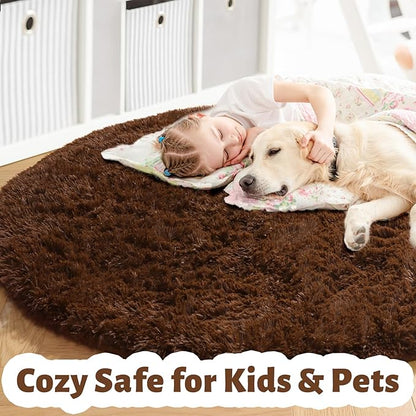Amdrebio Dark Brown Rug 4Ft for Bedroom, Round Fluffy Shag Plush Area Rugs for Kids Room, Living Room Decor Aesthetic, Fuzzy Fur Floor Chocolate Coffee Circle Carpet for Playroom Dorm Baby Nursery