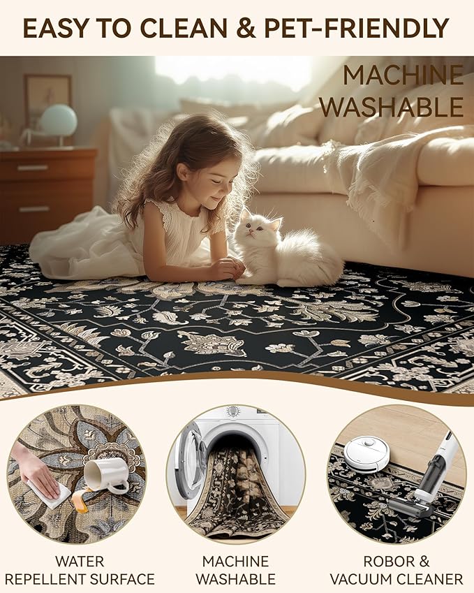 Area Rugs 2'x10' Runner Rug Non Slip Washable for Kitchen Hallway Bedroom Beside Laundry Room Bathroom Rug, Floor Carpet, Black Brown Neutral Dark Tan