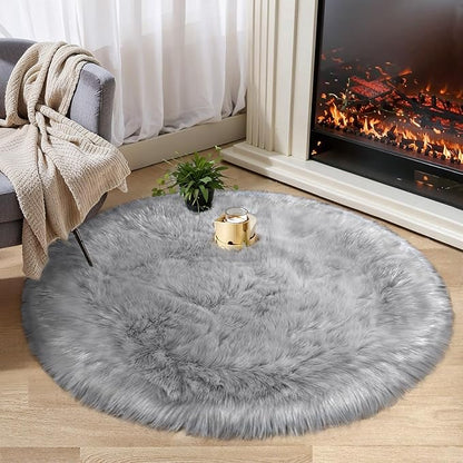 Ciicool Round Fur Fluffy Area Rug for Bedroom, Grey Faux Fur Rugs Furry Circle for Kids Room, Cute Furry Nursery Carpet, Plush Shag Circular Rugs Floor Carpets 3x3 Ft