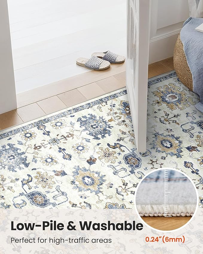 AMADA HOMEFURNISHING 6x9 Area Rugs, Blue Low-Profile Washable Rug with Non-Slip Backing & Durable Edge Binding, Vintage Rugs for Living Room, Bedroom, Dining Room