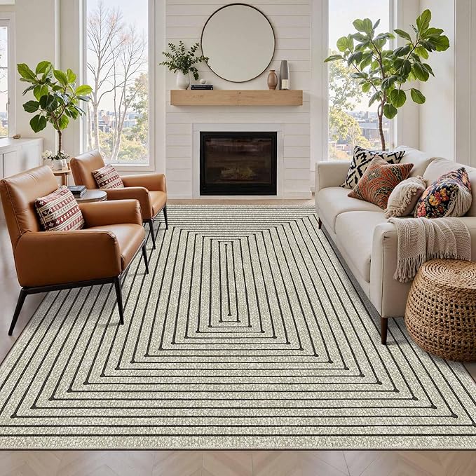 Latte&Fog 5x7 Area Rugs for Living Room Bedroom, Beige Modern Abstract Washable Rug, Boho Non Slip Low Pile Carpet for Indoor Dining Room, Office, Dorm, Classroom, Farmhouse and Kids Room - Beige