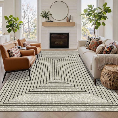 Latte&Fog 5x7 Area Rugs for Living Room Bedroom, Beige Modern Abstract Washable Rug, Boho Non Slip Low Pile Carpet for Indoor Dining Room, Office, Dorm, Classroom, Farmhouse and Kids Room - Beige