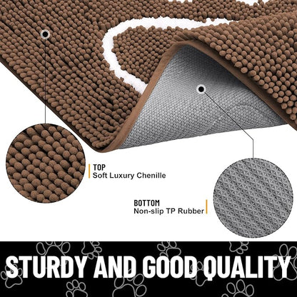 Smiry Dog Door Mat for Muddy Paws, Absorbent Dirt Trapper Non Slip Quick Dry Washable Chenille Mat for Mud Dogs, Entry Rug for Indoor and Outdoor (30x20 Inches, Coffee and White)