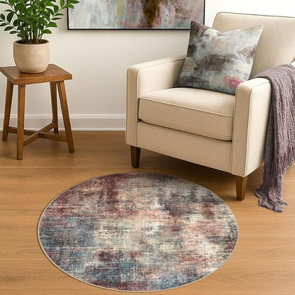 IOHOUZE Round Area Rug 3 Ft Circle Entryway Rugs Round Washable Door Mat Indoor Entrance, Non Slip Circle Front Door Rug, Printed Abstract Faux Wool Floor Carpet for Foyer Porch Sink, Red/Multi