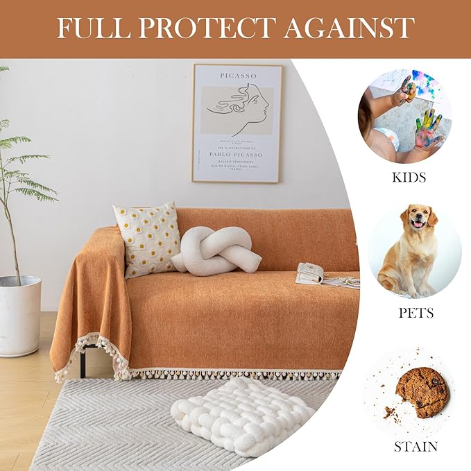 HANDONTIME Dark Orange Sofa Covers Couch Cover for Dogs Colorful Tassel Lovetseat Covers Pet Couch Cover Bohemian Sofa Cover for Couch Vintage Boho Couch Covers Futon Cover Pet-Friendly, 71" X134"