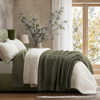 EVERGRACEHOME Modern Checkered Chenille Throw Blanket, Soft Cozy Plaid Knitted Chair Blanket for Sofa Couch, Decorative Knit Throw for Bed and Living Room, Olive Green, 50" x 60"