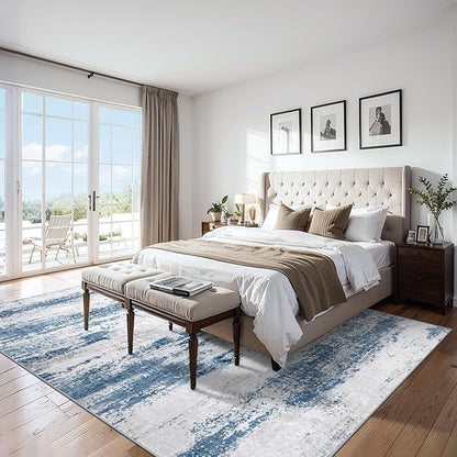 Area Rugs 10x14 Living Room - Washable Rug Modern Abstract Soft Large Neutral Non-Slip Carpet Indoor Floor Thin Carpets for Bedroom Dining Room Farmhouse Nursery Home Office White Blue Grey
