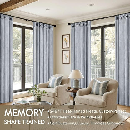 MIULEE Pinch Pleated Thick Linen Curtains 96 Inches Long 2 Panels for Living Room Bedroom, Memory Trained Pleat Drapes Light Filtering Light Blue Semi Sheer Window Curtains Hooks Rings Back Tab