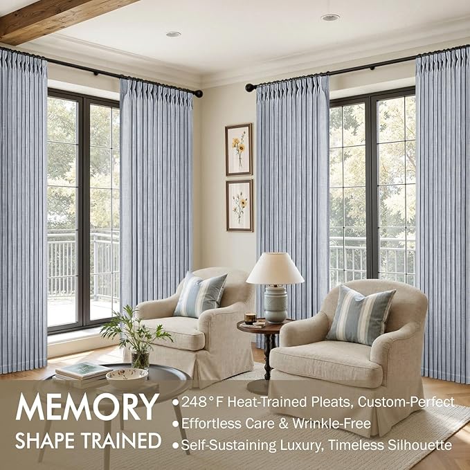 MIULEE Pinch Pleated Thick Linen Curtains 102 Inches Long 2 Panels for Living Room Bedroom, Linen Textured Drapes Pleat Back Tab Memory Trained Light Filtering Light Blue Window Curtains with Hooks