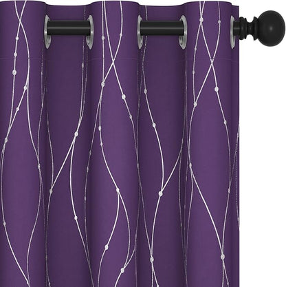 Deconovo Short Purple Curtains, Blackout Drapes with Wave Line Silver Print, 38 x 45 Inches Long, Thermal Insulated Panel, Grommet Top, Machine Washable, Set of 2 Panels for Kitchen Nursery Bedroom
