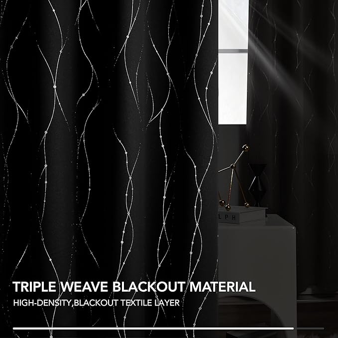 Deconovo Blackout Curtains 63 Inch Long 2 Panels Set, Black Drapes, Thermal Insulated Noise Reducting Privacy Curtain with Silver Print, Grommet Top, Machine Washable Window Panel for Bedroom Nursery