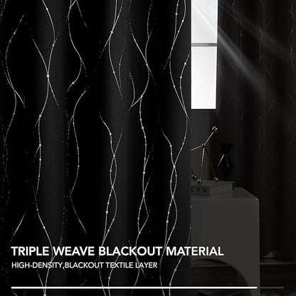 Deconovo Blackout Curtains 72 Inch Long 2 Panels, Black Drapes, Thermal Insulated Noise Reducting Privacy Curtain with Silver Print, Grommet Top, Machine Washable Window Panel for Living Room Office