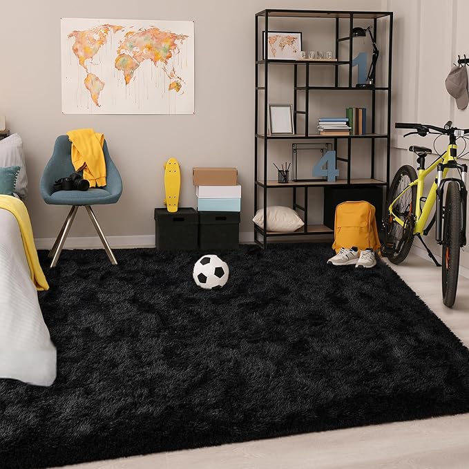 Chicrug Soft Area Rugs for Bedroom Living Room Plush Fluffy Rug 6x9 Feet, Shag Furry Area Rug Carpet Non Shedding for Nursery Children Kids Girls Room Home Decorative, Black