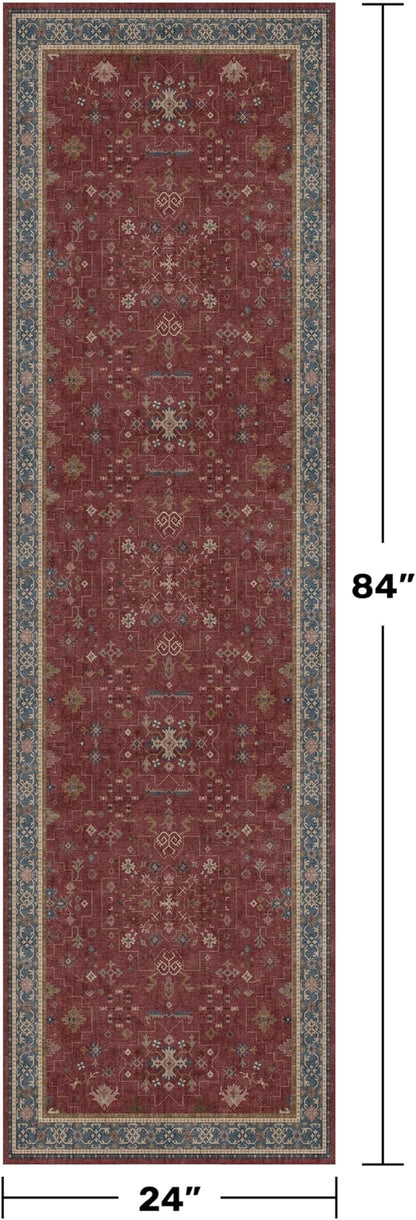 Boho 2x7 Long Runners for Kitchen Floor - Washable Non Slip Indoor Floor Mats for Entryway, Hallway, Dark Red Floral Low Pile & Soft Runner Area Rug for Bedroom Beside Bed