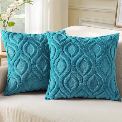 decorUhome Summer Throw Pillow Covers 18x18 Inch Set of 2, Soft Plush Faux Wool Teal Solid Couch Pillow Covers, Accent Farmhouse Neutral Square Pillow Cases for Sofa Bed Living Room