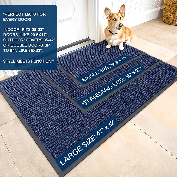OLANLY Front Door Mat Indoor Outdoor Entrance, Waterproof Heavy Duty Doormat, Fade Resistant, Low Profile, Easy Clean Patio Porch Welcome Floor Mats for Entry, 47x23, Blue