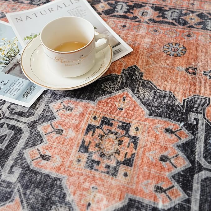 Washable 2x5 Hallway Runner Rug: Indoor Vintage Water Resistant Kitchen Entryway Rug Soft Living Room Bedroom Carpet Thin Low Pile Non Slip Floor Mat for Bathroom Laundry Dining Room(2X5,Orange)