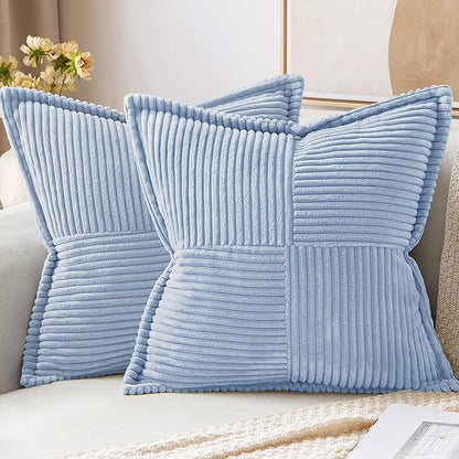 MIULEE Decorative Throw Pillow Covers for Couch Bed Livingroom 20x20 Inch Set of 2 Light Blue Boho Accent Throw Pllows Broadside Striped Patchwork Soft Corduroy Pillowcases