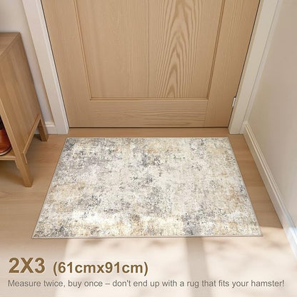 UERMEI 2x3 Entryway Area Rug: Washable Neutral Modern Abstract Small Rug - Non-Slip Low Pile Throw Indoor Carpet for Entrance Kitchen Front Door Mat Bathroom Entry Kids Room - Golden Grey