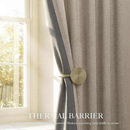 RYB HOME Natural Beige 100% Blackout Linen Curtains for Bedroom 96 inches Long, Thermal Insulated&Privacy Assurd Window Curtains for Living Room Dining Patio Sliding Glass Door, W52 x L96, 2 Panels