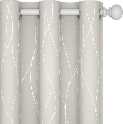 Deconovo Room Darkening Curtains, Light Beige Curtain, Thermal Insulated Noise Reducing Drapes, Silver Wave Dots Print, 42 x 54 Inch Long, Machine Washable Window Panels for Kitchen Nursery, Set of 2