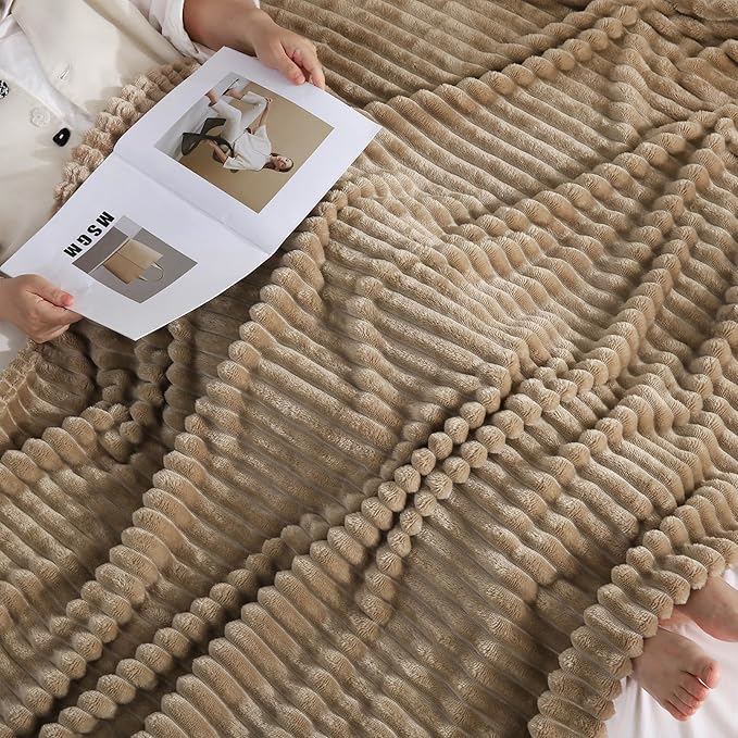 Tan Fleece Throw Blanket 50”×60” for Couch Sofa Bed,Super Soft Cozy Plush Blanket with Stripes Design Lightweight for Adults,Woman,Girls