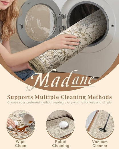 Madane 3x12 Hallway Runner Rug, Non Slip Washable 12ft Runner for Hallways Soft Vintage Kitchen Rugs Low-Pile Thin Floor Carpet Runner for Entryway Bathroom Bedroom, Beige/Blue