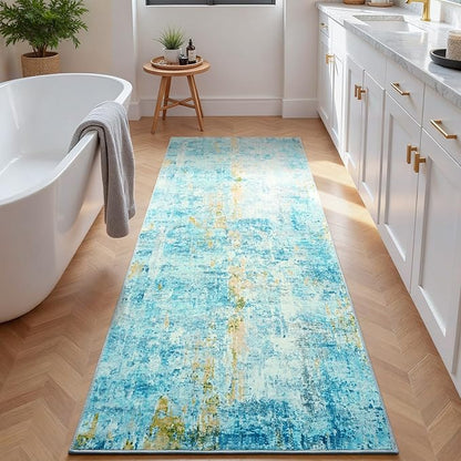 2x6 Teal Blue Rug Runners for Hallways Kitchen Runner Rug Non Slip Washable Long Runner Rugs with Rubber Backing Soft Abstract Carpet Runner for Bedroom, Kitchen, Bathroom, Entryway
