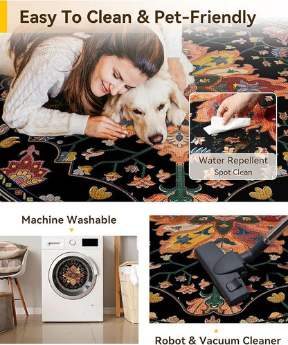 RELEANY Area Rugs 5ft Washable Non-Slip, Floral Vintage Distress Print Pattern Medallion Carpet for Living Room Bedroom Dining Room, Black Colorful Floral Dark Tan