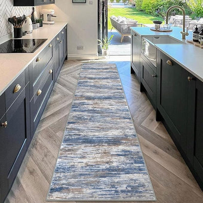 KOZYFLY Modern Abstract Hallway Runner, 2x10 Washable Rug Runner Non-Slip Soft Striped Kitchen Runner Rug, Blue Rust Print Carpet for Entryway Bathroom Laundry Room Foyer