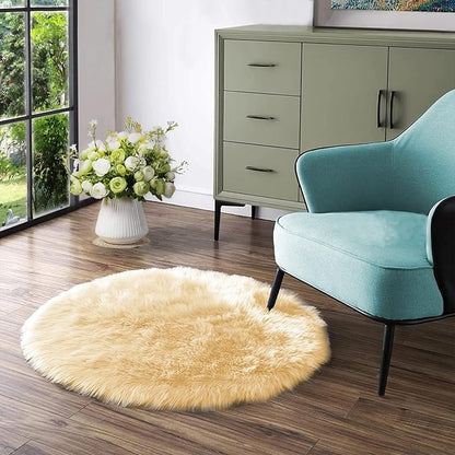 Latepis Yellow Circle Rug Faux Sheepskin Fur Round Rugs 4ft Washable Cute Plush Shaggy Rug for Bedroom Living Room Rugs for Sofa Floor Luxury Home Decor