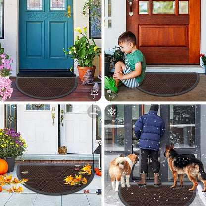 Smiry Half Circle Front Door Mat Outside Entrance, Heavy Duty Sturdy Natural Rubber Doormat, Trap Dirt and Moisture, Low Profile Mats for Indoor Outdoor Entry, Irregular Triangle (47x32, Dark Brown)