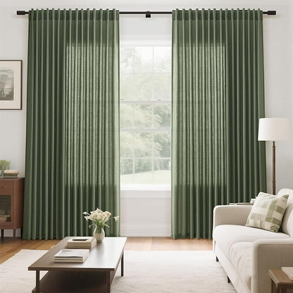 Nanspring Extra Wide Linen Curtains for Living Room 108 Inch Length for Room Divider Olive Green Rustic Farmhouse Drape Rod Pocket Back Tab Light Filtering Bedroom Window Curtain for Sliding Door