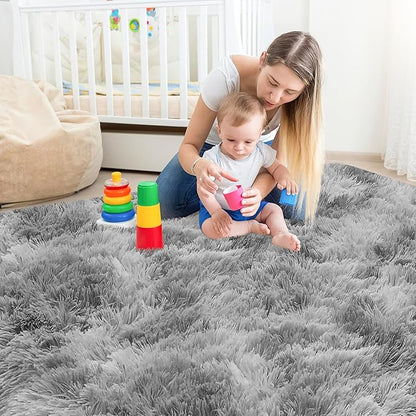 Tie Dye Grey Rug for Living Room 5x8ft Fluffy Modern Shag Area Rug Mat Bedside Throw Rug for Bedroom Kids Room Boys Teens Nursery Baby Dorm Office Home Decor Soft and Cozy Carpets
