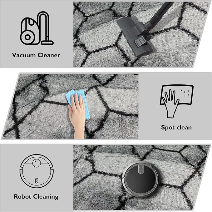 8x10 Fluffy Area Rugs for Living Room,Shag Area Rug for Bedroom,Geometric Soft Fuzzy Rug Non-Shedding Indoor Plush Carpet for Kids Bedroom Nursery Home Decor,Grey and Black