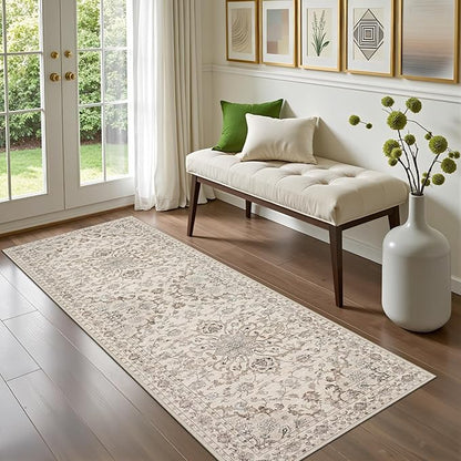 Hallway Runner Rug Non Slip - Washable 2.6x8 Kitchen Rugs for Living Room, Low-Pile Soft Bedroom Rug Indoor Floor Stain Resistant Carpets for Entryway, Laundry, Bathroom Beige