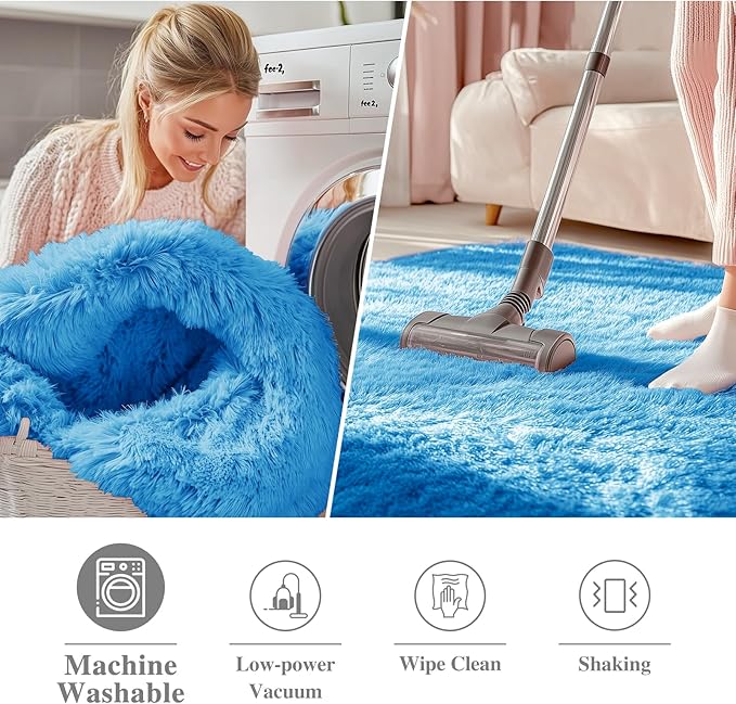 OLANLY Bright Blue Round Rugs for Bedroom - Machine Washable, 6 ft Circle Area Rugs for Living Room, Soft and Fluffy Shaggy Carpet for Teen Girl and Boys, Nursery Rooms, Dorms, Home Decor Aesthetic