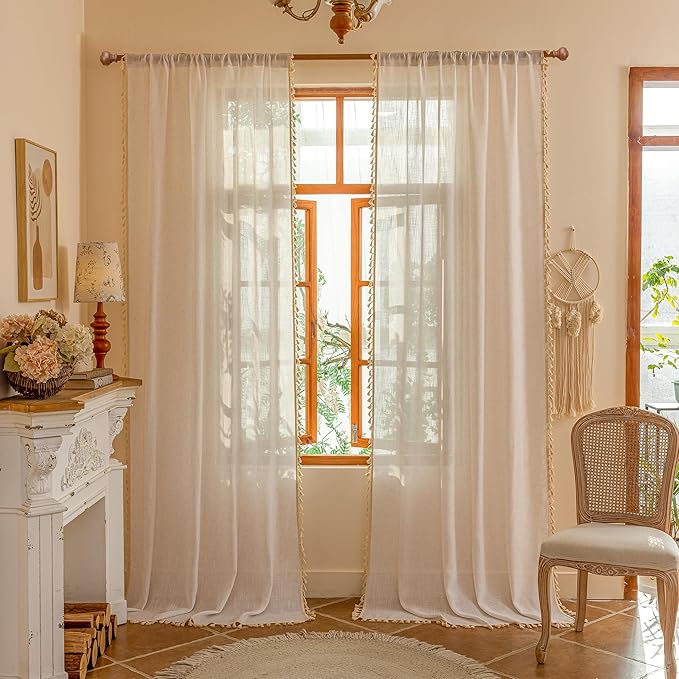 MYSKY HOME Natural Macrame Curtains 96 Inch Length for Living Room, Farmhouse Bohemian Vintage Back Tab，Light Filtering Privacy Protect Drapes for Bedroom, 50" W×96" L, Natural, 2 Panels