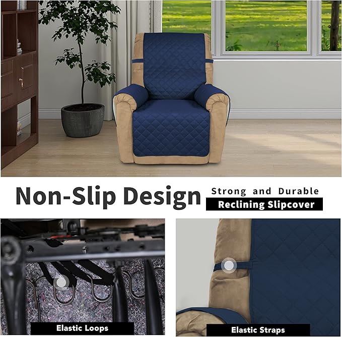 Easy-Going Recliner Chair Slipcover Reversible Sofa Cover Water Resistant Couch Cover Furniture Protector with Elastic Straps for Pets Dog (Recliner 22 inch, Navy/Ivory)
