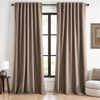 96 inch long linen blackout curtains 2 Panels 100% Black out Linen texture Curtain Modern Farmhouse Dark Flax Window Drapes with Back Tab Rod Pocket Room Darkening Thermal for Bedroom Living Room