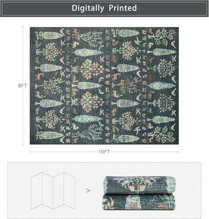 Washable Rugs 8x10 Area Rugs for Living Room,Bedroom,Dining Room- Large Ultra Soft Faux Wool Retro Carpet,Non Slip&Non-Shedding Low Pile Vintage Print Rug for Home Office Dorm-Dark Green