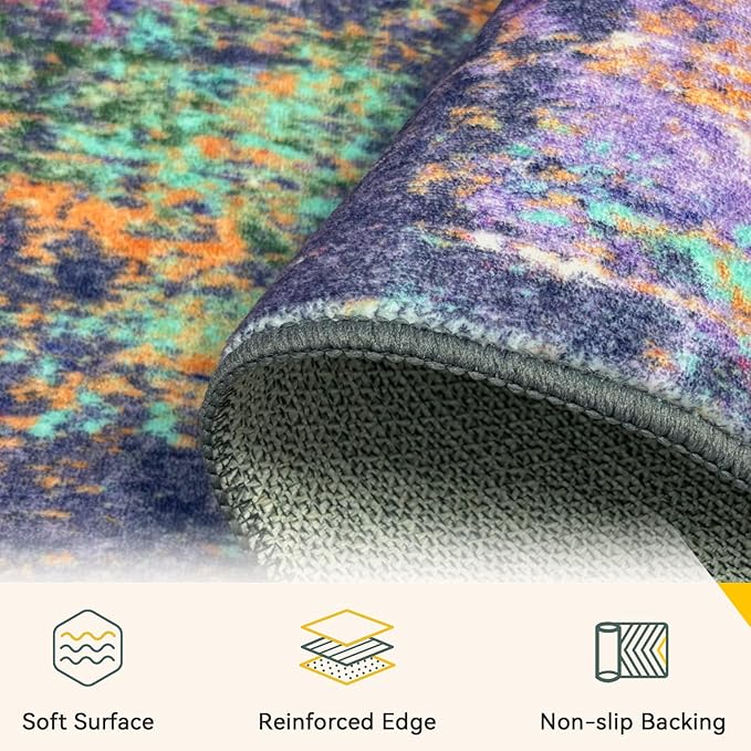 Washable Area Rugs Square 8ft Non-Slip Modern Abstract Soft for Living Room Entryway Bedroom Nursery, Print Pattern, Purple Orange Blue Green Rust Red Colorful