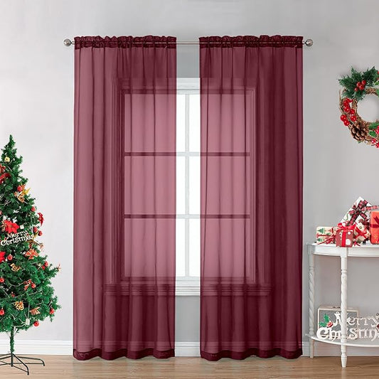 OVZME Burgundy Sheer Curtains 84 inch Length 2 Panels Set, Light Filtering Sheer Privacy Curtain Drapes, Rod Pocket Window Treatments Voile Curtains for Living Room Bedroom, 42" W x 84" L