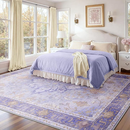 RELEANY Area Rugs 9'x12' Washable Non-Slip, Floral Vintage Distress Print Pattern Medallion Carpet for Living Room Bedroom Dining Room, Light Purple Brown