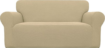 Easy-Going Stretch Loveseat Slipcover 1-Piece Sofa Cover Furniture Protector Couch Soft with Elastic Bottom for Kids Polyester Spandex Jacquard Fabric Small Checks (Loveseat, Beige)