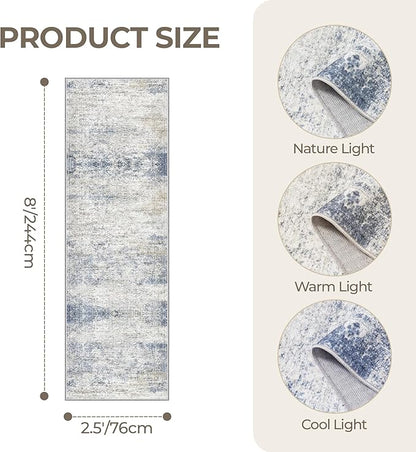 Kitchen Runner Rug Non Slip - 2.5 x 8 Runners for Hallways, Entryway, Bedroom, Washable Runner Rugs for Bathroom, Laundry Room, Low Pile Soft Vintage Area Rug(2.5'x8', Blue/Brown/Ivory)